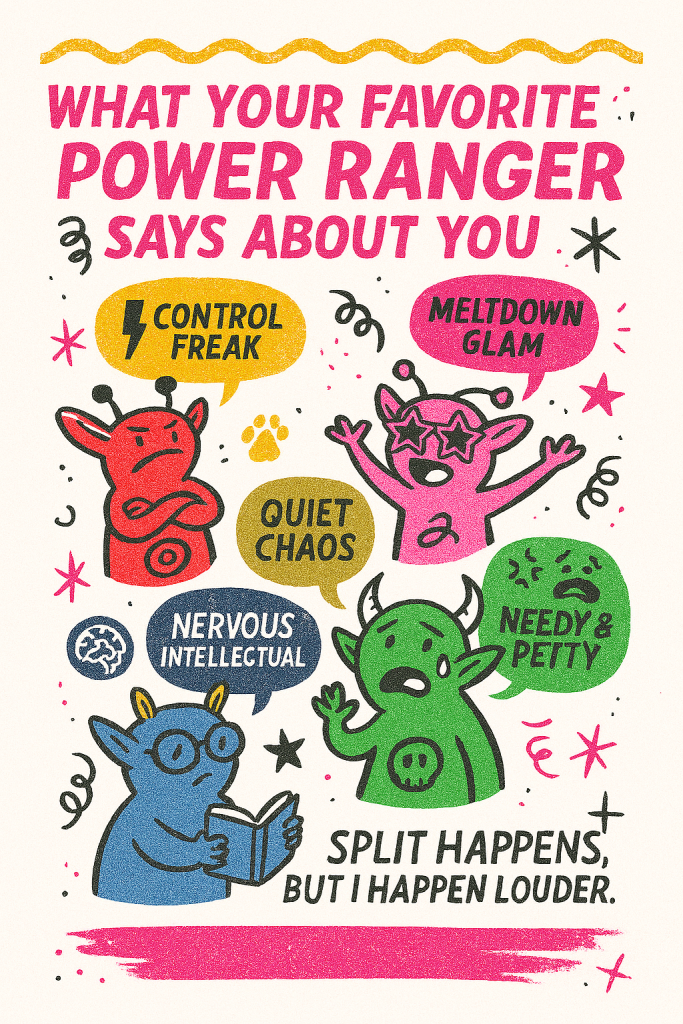 Hand-drawn illustration titled “What Your Favorite Power Ranger Says About You,” featuring five colorful gremlins representing emotional archetypes: Control Freak (Red), Meltdown Glam (Pink), Quiet Chaos (Yellow), Needy & Petty (Green), and Nervous Intellectual (Blue). Each gremlin has a speech bubble with their label and expressive features matching their emotional vibe. The tagline “Split Happens, but I happen louder” appears at the bottom.