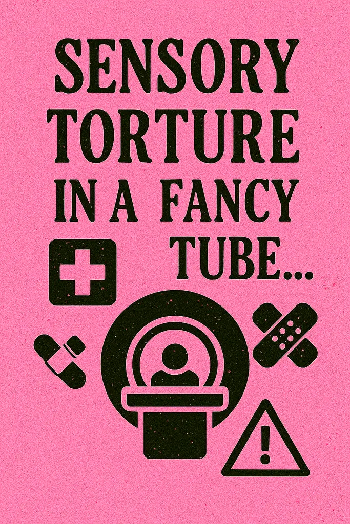 Distressed pink graphic featuring bold black text that reads “Sensory Torture in a Fancy Tube…” above a stylized MRI machine icon with a person inside. Surrounding the machine are medical symbols: a cross, crossed bandages, and a warning triangle. The design is gritty, chaotic, and neurodivergent-coded.