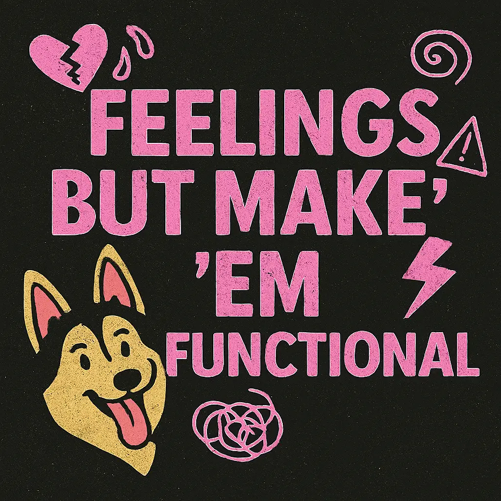 Bold pink text reads “FEELINGS BUT MAKE ’EM FUNCTIONAL” across a distressed black background. A cartoon German Shepherd with perked ears and tongue out sits playfully at the bottom left. Surrounding the text are chaotic doodles: a cracked heart, teardrops, a spiral, a lightning bolt, and a warning symbol—visually representing emotional overwhelm with snark and flair. The design is gritty, expressive, and emotionally spicy, matching the blog’s meltdown-meets-empowerment vibe.